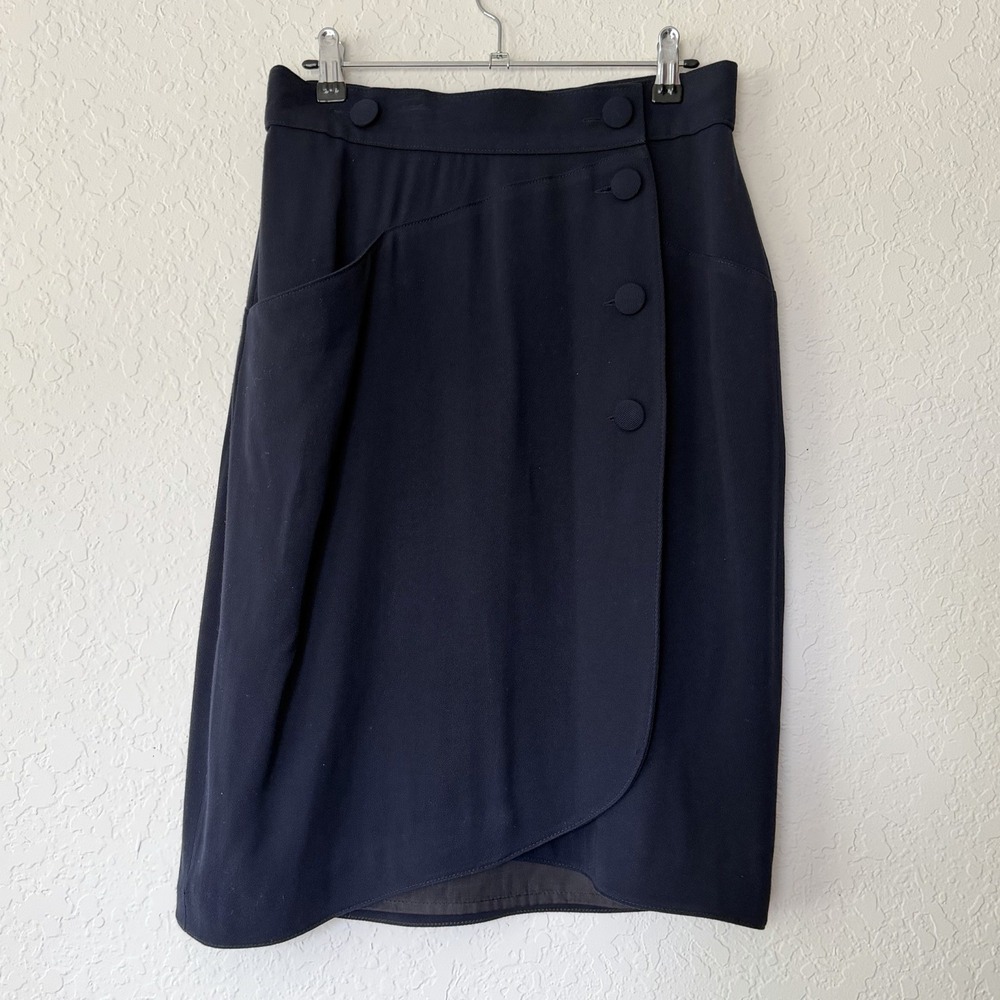 Vintage 80s KL by Karl Lagerfeld Wrap Skirt Navy Blue Pencil Academia Twee